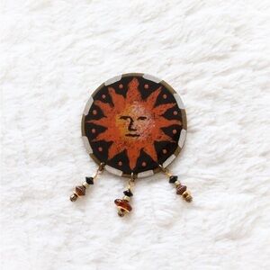 Handmade wooden boho brooch pagan sun wood lacquer art unique ethnic native